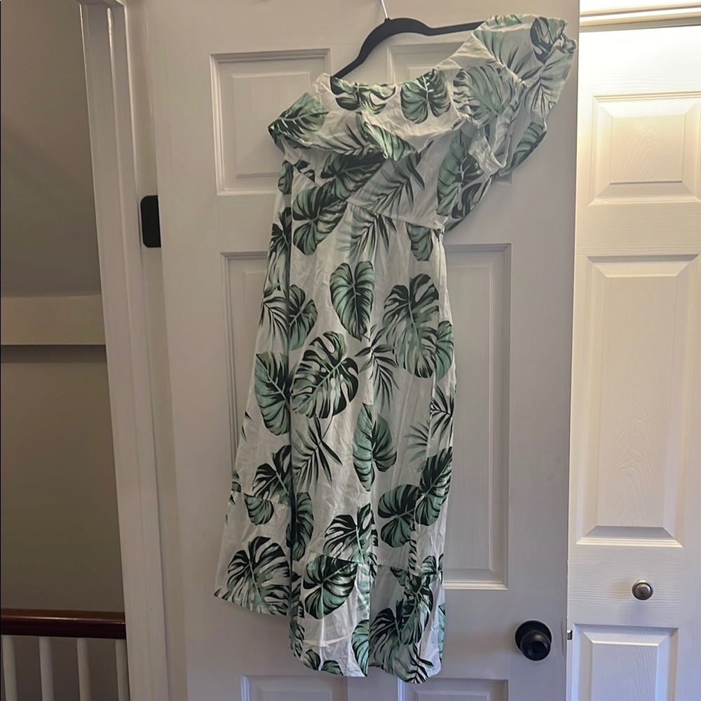 Tropical Leaf Print One-Shoulder Dress